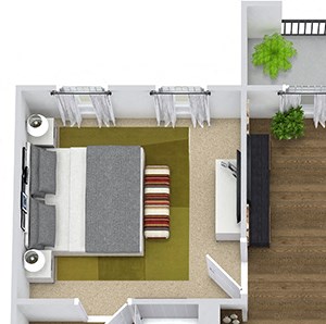 Encanto with Attached Garage 3D Encanto with Attached Garage 3D. 1 bedroom apartment. Kitchen with island open to living room. 1 full bathroom, double vanity. Walk-in closet. Patio/balcony.